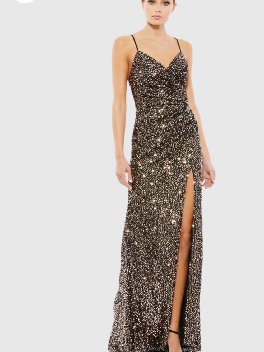 Mac Duggal Black and Gold Sequin Spaghetti Strap Gown